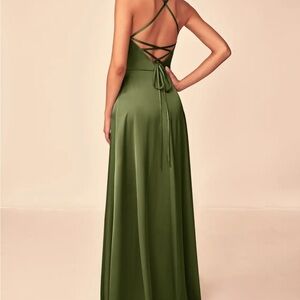 Azazie Olive Green Satin Lace-Up Back Maxi Gown